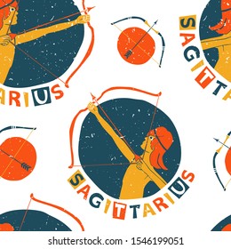 Sagittarius seamless pattern. Colored archers and bows on a white background. Sagittarius pattern original design. Vector shabby hand drawn illustration