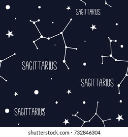 Sagittarius. Seamless pattern with zodiac sign. Night sky with stars and constellations. Hand drawn astrological vector background.