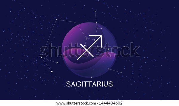 Sagittarius sign background. Beautiful and simple vector\
image of night starry sky with sagittarius zodiac constellation\
behind glass sphere with encapsulated sagittarius sign and\
constellation name.\
