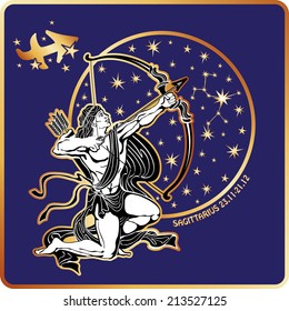 Sagittarius zodia? sign. Horoscope.Muscular man shoots an arrow from a bow.Circle with constellation and stars.Golden and white figure on blue background.Graphic Vector Illustration in retro style.  