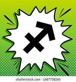 Sagittarius sign illustration. Black Icon on white popart Splash at green background with white spots. Illustration.