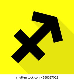 Sagittarius sign illustration. Black icon with flat style shadow path on yellow background.