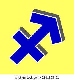 Sagittarius sign illustration. Blue Icon with white stroke in 3d at yellow Background. Illustration.