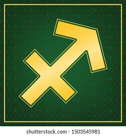 Sagittarius sign illustration. Golden icon with gold contour at dark green gridded white background. Illustration.