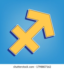 Sagittarius sign illustration. Golden Icon with White Contour at light blue Background. Illustration.