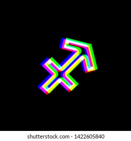 Sagittarius sign illustration. Red, green and blue unfocused contour icon at black background. Illustration.