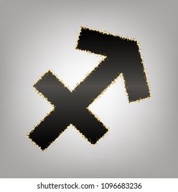 Sagittarius sign illustration. Vector. Blackish icon with golden stars at grayish background.