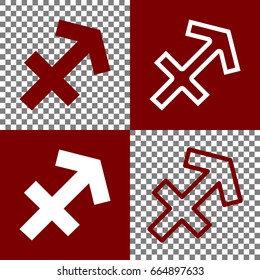 Sagittarius sign illustration. Vector. Bordo and white icons and line icons on chess board with transparent background.