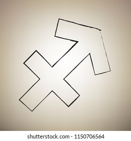 Sagittarius sign illustration. Vector. Brush drawed black icon at light brown background.