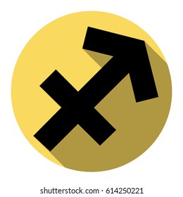 Sagittarius sign illustration. Vector. Flat black icon with flat shadow on royal yellow circle with white background. Isolated.