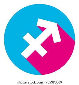 Sagittarius sign illustration. Vector. Flat white icon with mexican pink shadow inside sky blue(S and G) circle at white background. Isolated. Trend colors in 2017.