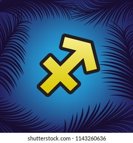 Sagittarius sign illustration. Vector. Golden icon with black contour at blue background with branches of palm trees.