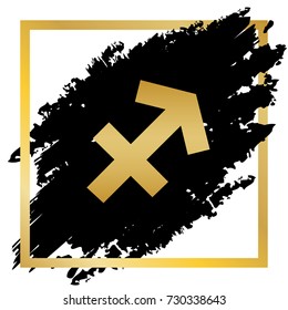Sagittarius sign illustration. Vector. Golden icon at black spot inside golden frame on white background.