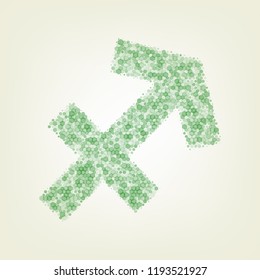 Sagittarius sign illustration. Vector. Green hexagon rastered icon and noised opacity and size at light green background with central light.