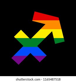 Sagittarius sign illustration. Vector. Icon with colors of LGBT flag at black background.