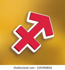Sagittarius sign illustration. Vector. Magenta icon with darker shadow, white sticker and black popart shadow on golden background.