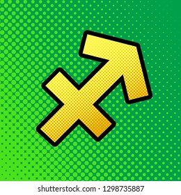Sagittarius sign illustration. Vector. Pop art orange to yellow dots-gradient icon with black contour at greenish background.