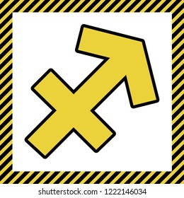 Sagittarius sign illustration. Vector. Warm yellow icon with black contour in frame named as under construction at white background. Isolated.