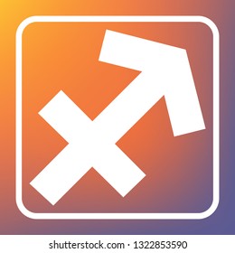 Sagittarius sign illustration. Vector. White icon on transparent button at orange-violet gradient background.
