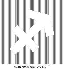 Sagittarius sign illustration. Vector. White icon on grayish striped background. Optical illusion.