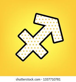 Sagittarius sign illustration. Vector. Yellow polka dot white icon with black contour at warm yellow background.