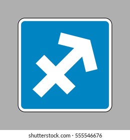 Sagittarius sign illustration. White icon on blue sign as background.