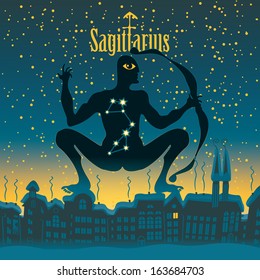 Sagittarius sign in the starry sky night city