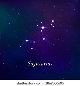 Sagittarius sign. Stars map of zodiac constellation on dark blue background. Vector