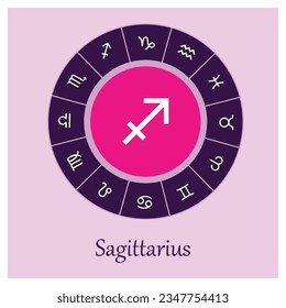 Sagittarius sign . Vector illustration. Sagittarius zodiac sign symbole on purple background horoscope astrology. Zodiac sign. Astrological calendar. Zodiacal black and white vector horoscope. Line