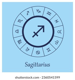 Sagittarius sign. Sagittarius zodiac sign symbole on blue background horoscope astrology. Astrological calendar. Zodiacal blue vector horoscope. Line (man, male, boy, baby boy)