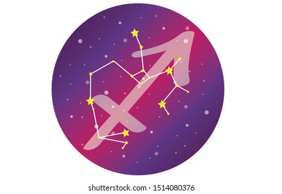 Sagittarius signs, zodiac background, beautiful and simple vector images in the midst of a starry galaxy with a constellation of Sagittarius in the front of the sphere with the constellation of Sagitt