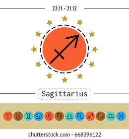 Sagittarius. Signs of zodiac, flat linear icons for horoscope, predictions.
