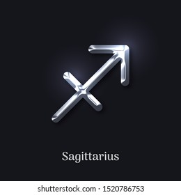 Sagittarius silver zodiac sign with shadow on black background. Luxury star sign for astrology horoscope prediction. Realistic silver design of horoscope constellation vector illustration