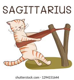 Sagittarius sodiac sign; striped ginger cat with big sling stylized as sagittarius zodiac sign