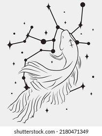 Sagittarius star constellation with line art fish. Simple vector art. Magical black and white artwork.