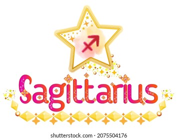 Sagittarius star sign. Zodiac sign. Moon sign. Horoscope vector. Astrology label. Vedic title. Astrology sticker. Astronomy badge. Stock illustration. Lettering text. Stars and patterns.