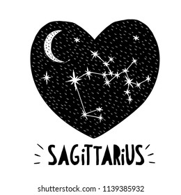 Sagittarius Symbol. Naive Hand Drawn Zodiac Vector Illustration. Black Heart on a White Background. Black and White Stars and Moon. Starry Night Sky with Moon and Sagittarius Sign in a Black He