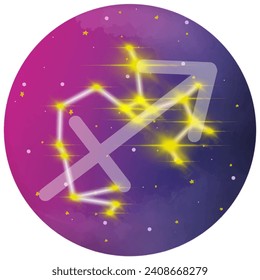 Sagittarius symbol vector illustration With the constellation Sagittarius on the front and the back full of stars on a purple-pink galaxy background.