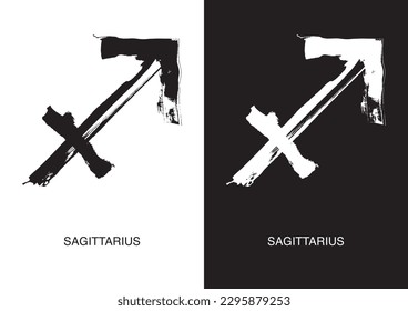 Sagittarius is the symbol for zodiac signs. Black ink handwriting poster in two color versions. Vector