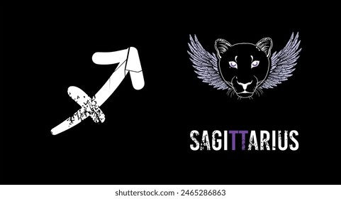 Sagittarius. T-shirt design of the sagittarius symbol along with a feline head with wings on a black background.