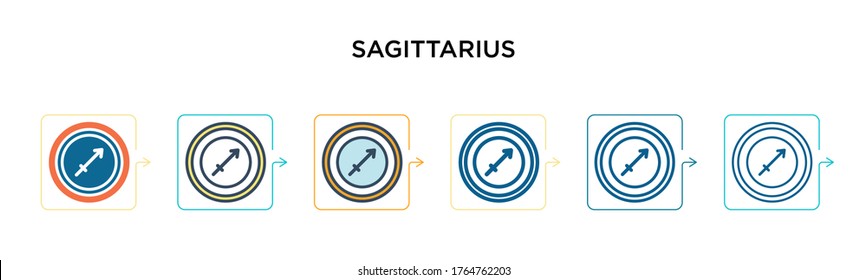 Sagittarius vector icon in 6 different modern styles. Black, two colored sagittarius icons designed in filled, outline, line and stroke style. Vector illustration can be used for web, mobile, ui