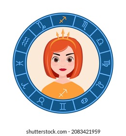 Sagittarius. vector illustration. cute girl, fire sign of the zodiac, round emblem.