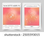 Sagittarius. Witchcraft cards with astrology zodiac sign and constellation. Modern gradient blurred astrology posters in Y2k style. Perfect for tarot readers and astrologers. Vector illustration.