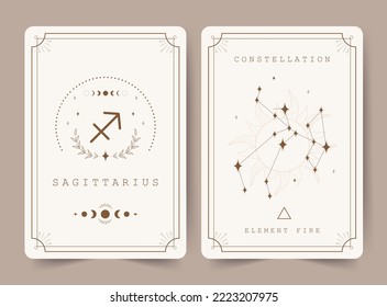 Sagitario. Tarjetas de brujería con signo de astrología zodiac y constelación. Perfecto para lectores de tarot y astrólogos. Oculta el fondo mágico. Plantilla de horóscopo. Ilustración vectorial al estilo boho.