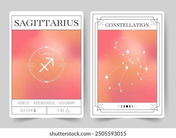 Sagittarius. Witchcraft cards with astrology zodiac sign and constellation. Modern gradient blurred astrology posters in Y2k style. Perfect for tarot readers and astrologers. Vector illustration.