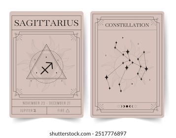 Sagitario. Tarjetas de brujería con signo del zodiaco de astrología y constelación. Afiches modernos de astrología bohemia. Perfecto para los lectores de tarot y astrólogos. Ilustración vectorial.