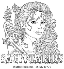 Sagittarius Woman.Astrological Zodiac Sign.Coloring book antistress for children and adults. Illustration isolated on white background.Zen-tangle style. Hand draw