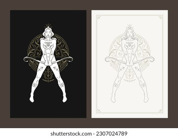 Sagittarius zodiac antique woman goddess celestial lunar calendar line art deco poster design set vector illustration. Female archery mythology character with bow arrow horoscope astrological artwork