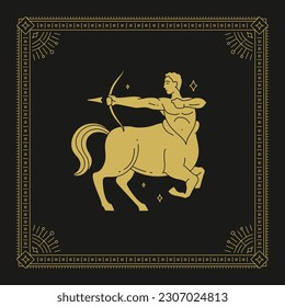 Sagittarius zodiac archery centaur astrology antique line art deco vintage card design vector illustration. Horoscope astrological mythology character lunar calendar future prediction fortune sign