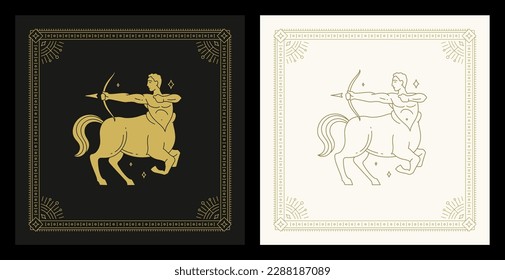 Sagittarius zodiac astrology archery centaur antique line art deco vintage card set vector illustration. Horoscope mythology character with arrow and bow lunar calendar celestial constellation design